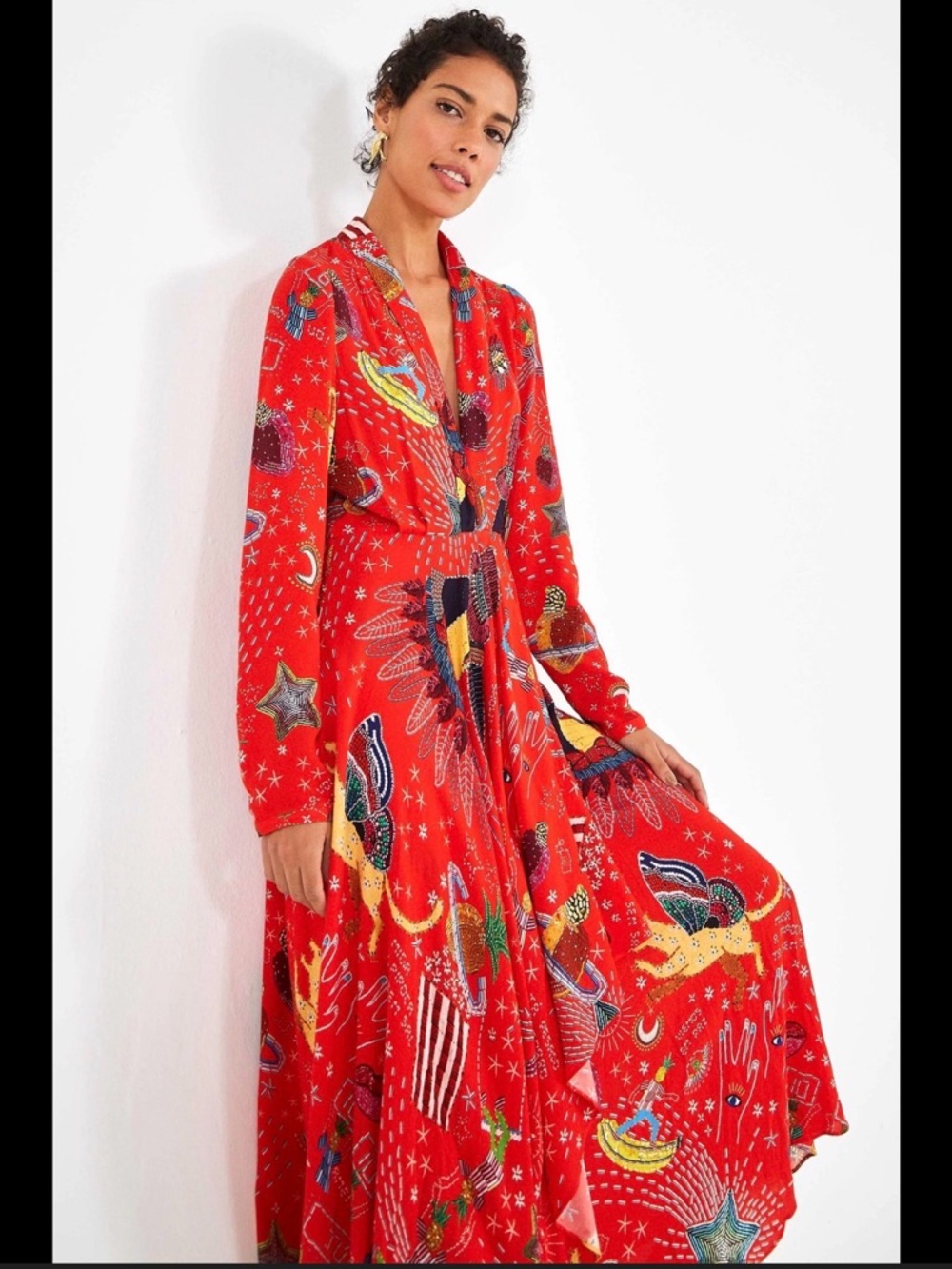 Farm Rio Carnival long sleeve maxi dress red, size medium